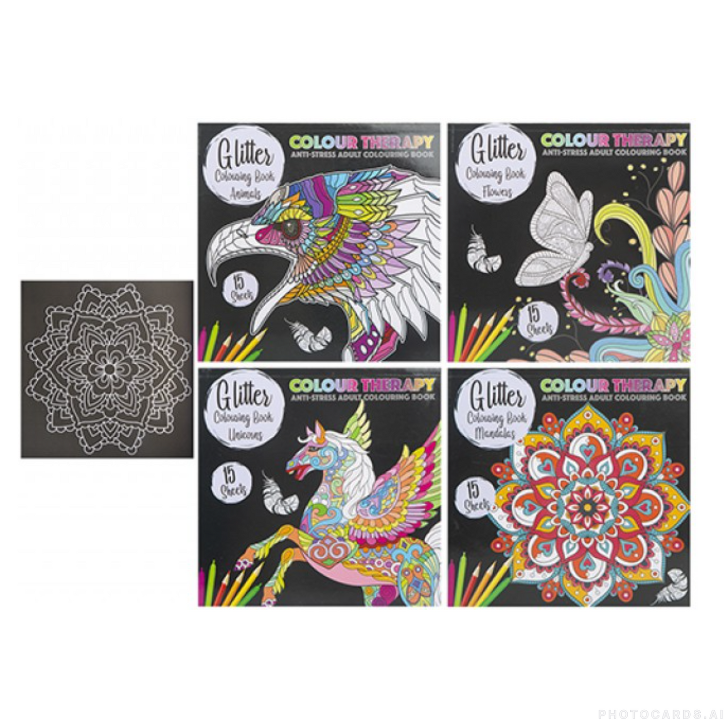 Colour Therapy Colouring 4 Assorted Designs Glitter