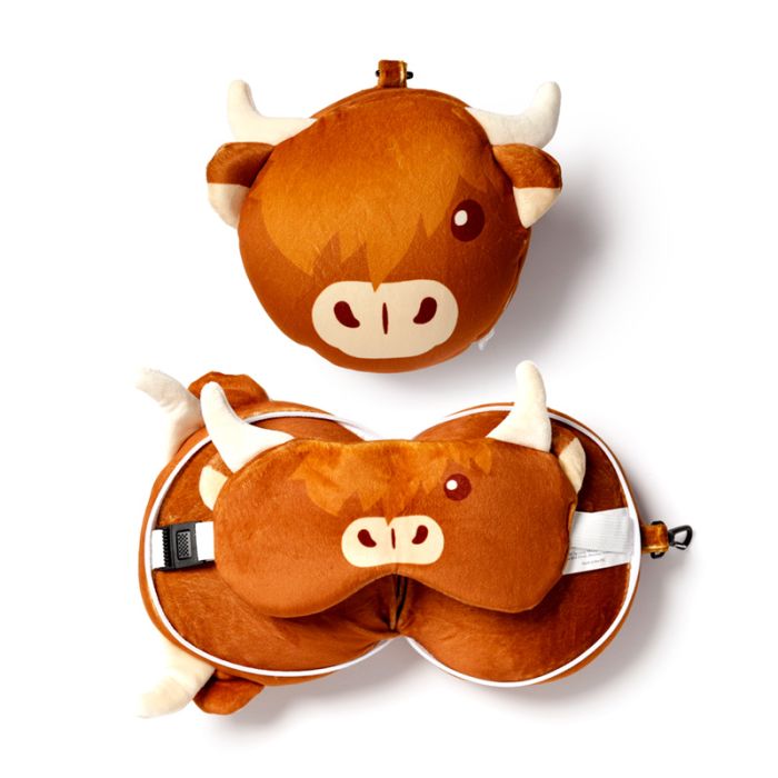 Relaxeazzz Highland Coo Cow Plush Travel Pillow & Eye Mask