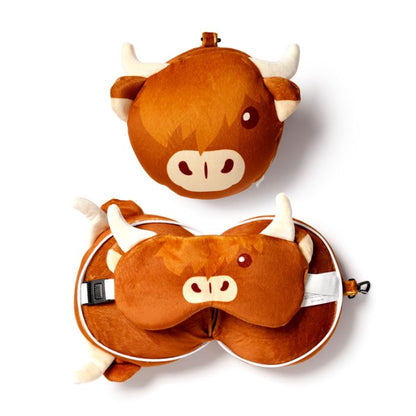 Relaxeazzz Highland Coo Cow Plush Travel Pillow & Eye Mask