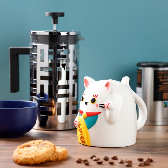 Maneki Neko Lucky Cat Upside Down Ceramic Shaped Mug